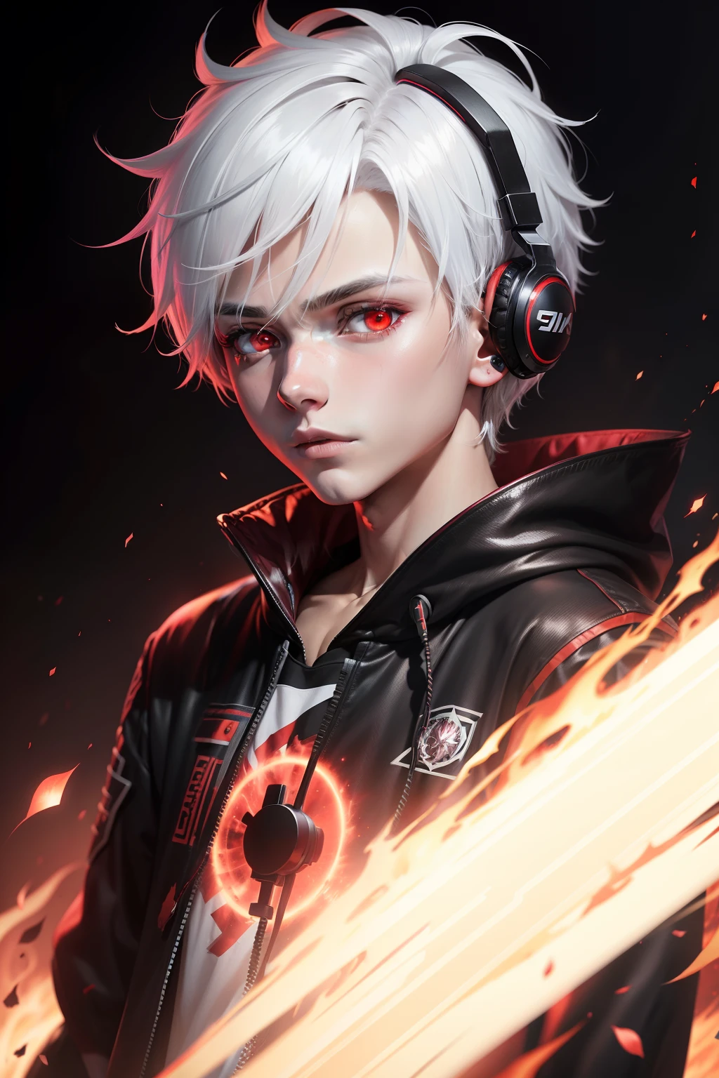 teen boy, white hair, anime version, red eye, black clothing, headphones, 4k, red flame particles background, shadows behind the boy