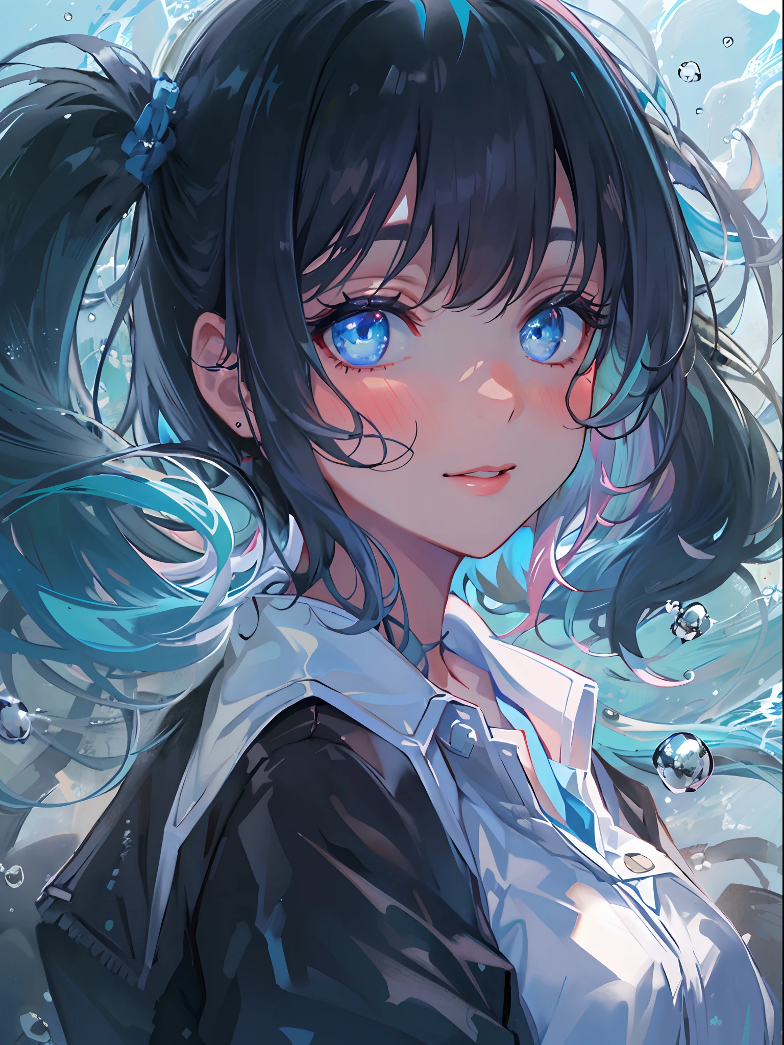 ((top-quality)), ((​masterpiece)), ((Ultra-detail)), (extremely delicate and beautiful), girl with, solo, cold attitude,((Black jacket)),She is very(relax)with  the(Settled down)Looks,A darK-haired, depth of fields,evil smile,Bubble, under the water, Air bubble,bright light blue eyes,Inner color with black hair and light blue tips,Cold background,Bob Hair - Linear Art, shortpants、knee high socks、Camisole inner shirt、White uniform