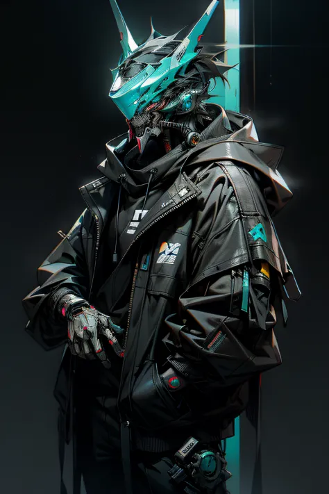 There was a boy wearing a mask and a black hoodie，With a knife in his hand, Hyper-realistic cyberpunk style，Digital cyberpunk anime style，cyan colors