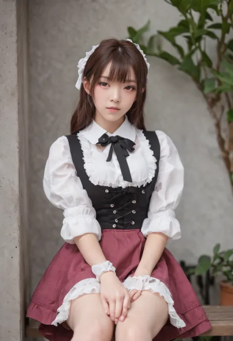 Pink shorthair、Hair is straight、Because of the bangs on the left eye、I can't see my left eye when viewed from the front.、１４About the age、The look of a junior high school girl in Japan、Red eyes、Maid clothes、White collar independent（Ribbon replaces tie）、Bare...