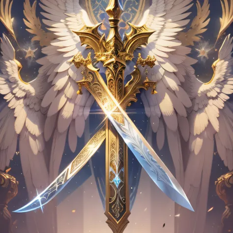 Ornate spatha sword, divine light radiates from blessings of angels engraved on the golden blade
