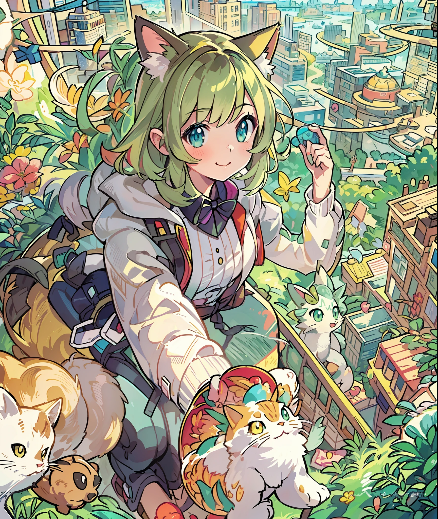 1girl in,A pokémon_The card,(top-quality), (high_quality), (Convoluted_Details), (ultra-detailliert), (illustratio), (Distinct_image),saito_naoki,city scenery、Rainbow View、With cats（（Cute cat１.５））