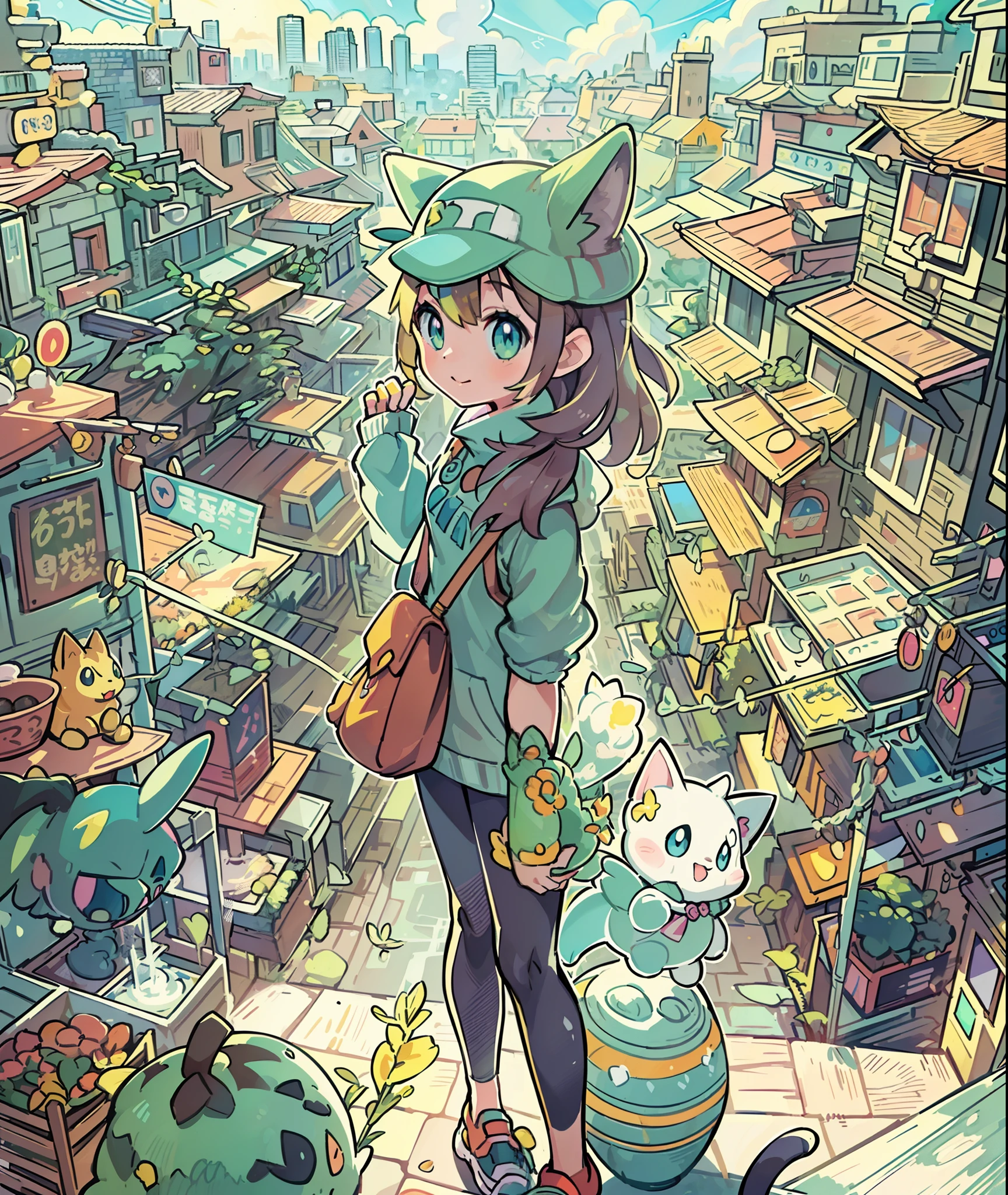 1girl in,A pokémon_The card,(top-quality), (high_quality), (Convoluted_Details), (ultra-detailliert), (illustratio), (Distinct_image),saito_naoki,city scenery、Rainbow View、With cats（（Cute cat１.５））