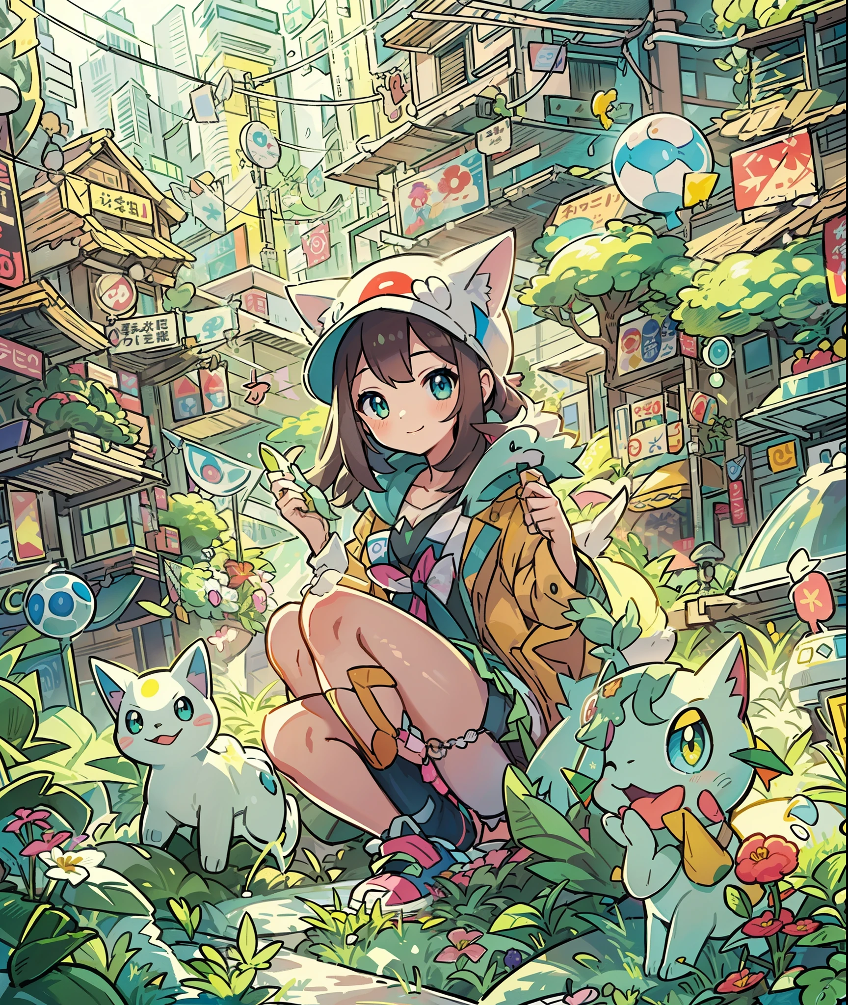 1girl in,A pokémon_The card,(top-quality), (high_quality), (Convoluted_Details), (ultra-detailliert), (illustratio), (Distinct_image),saito_naoki,city scenery、Rainbow View、With cats（（Cute cat１.５））