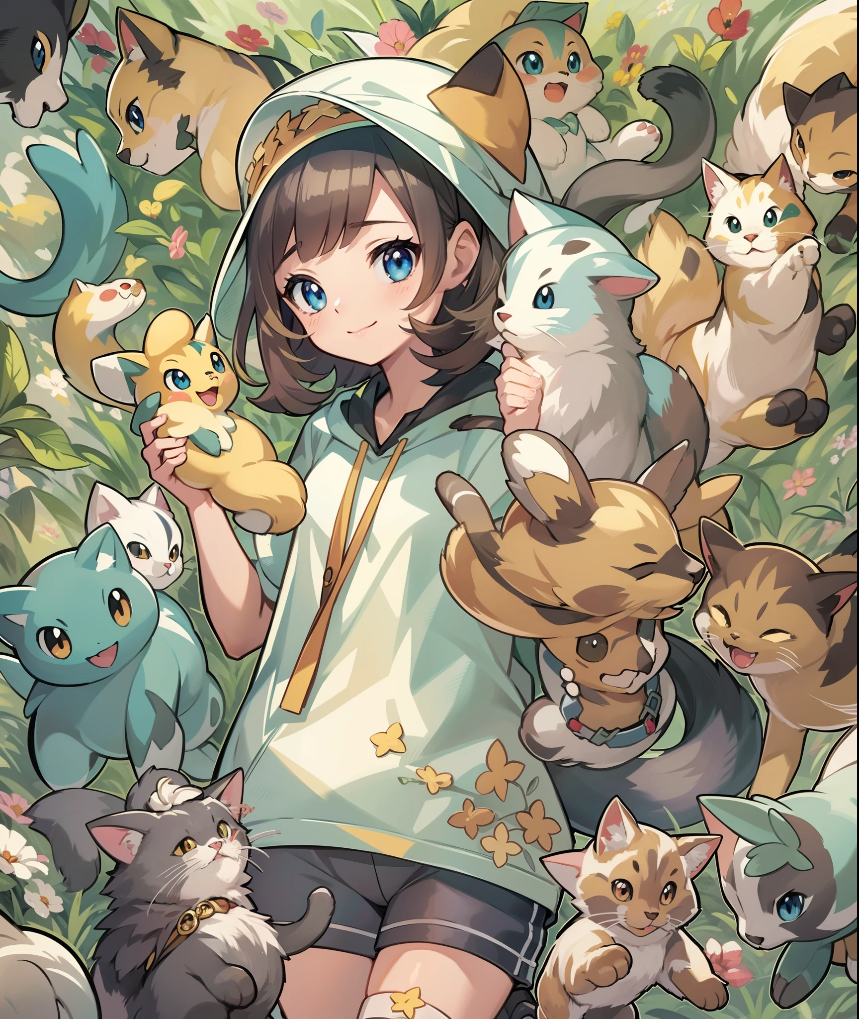1girl in,A pokémon_The card,(top-quality), (high_quality), (Convoluted_Details), (ultra-detailliert), (illustratio), (Distinct_image),saito_naoki、With cats（（Cute cat１.５））