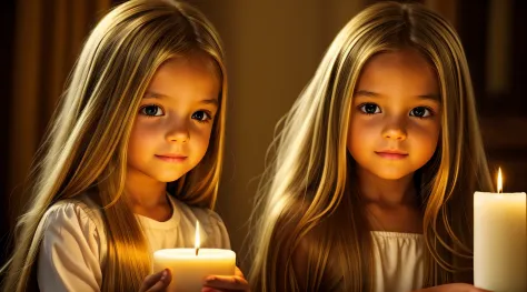 CHILDREN LONG HAIR GOLDEN HAIR GOLDEN ANGEL GIRL with candle accesses in hand.