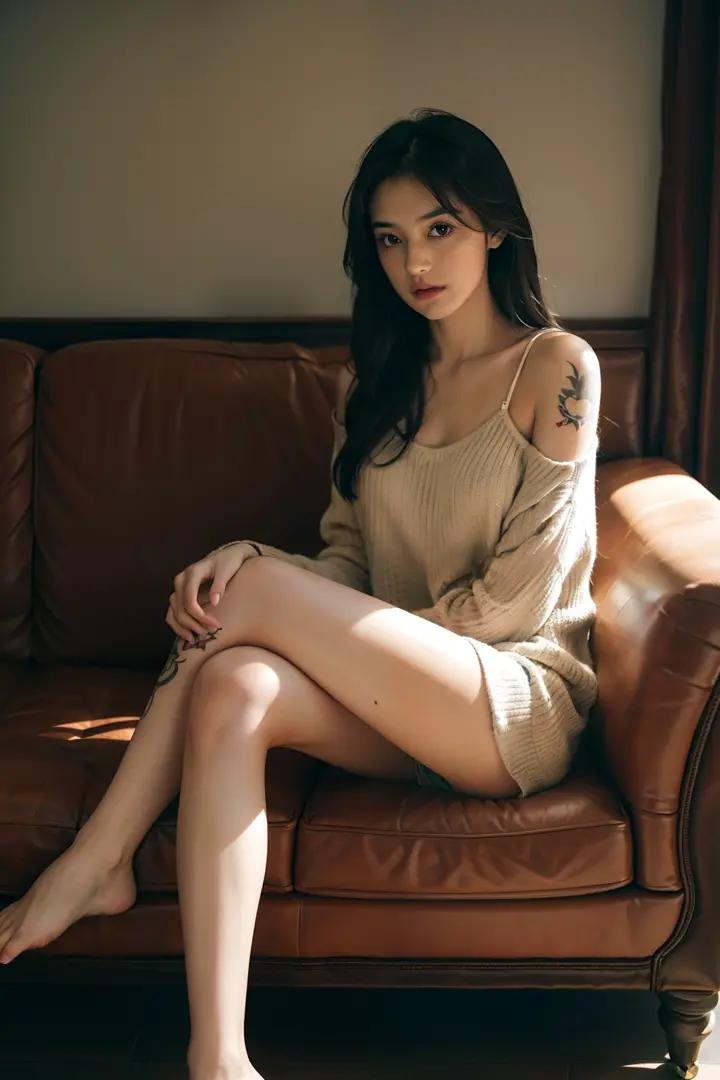 1girl in,The tattoo,Sitting on a cozy sofa,cross one's legs,Soft light
