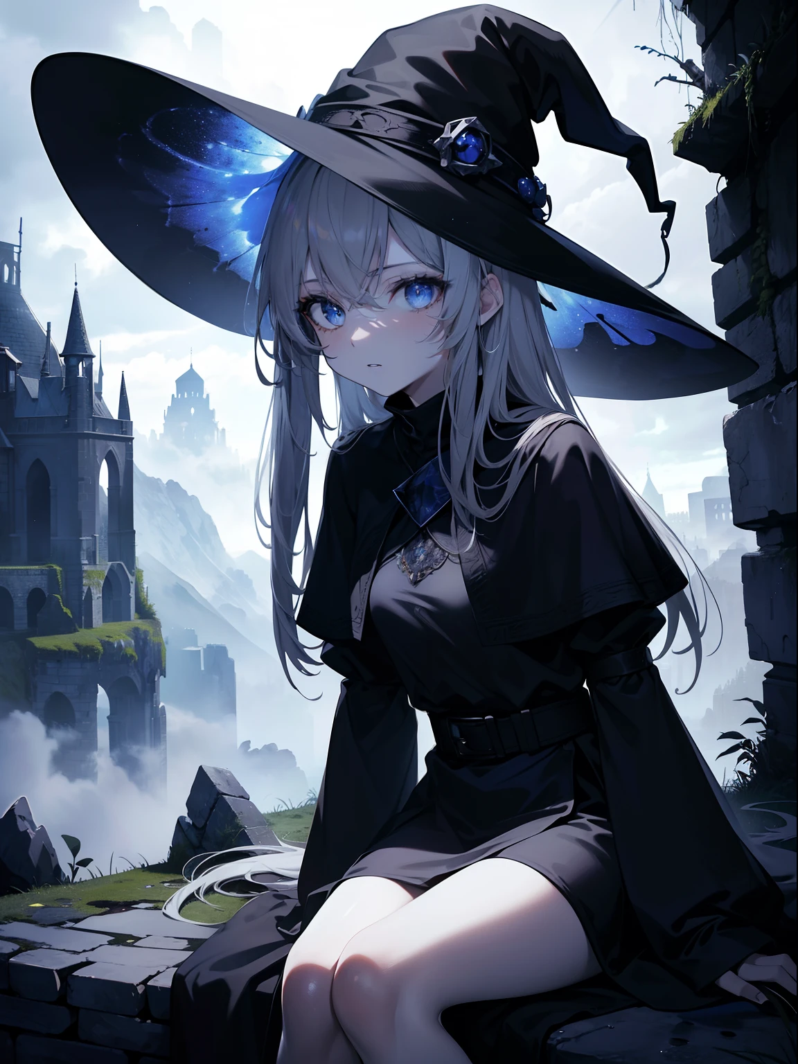 (Master piece, Best Quality, ultrahig resolution),1girl, amber eyes, witch hat, beautiful and detailed face, detailed eyes ,sitting on a rock brick in the middle of a ruin on a mountain,moss,cloudy sky,fog,(gray and blue theme)