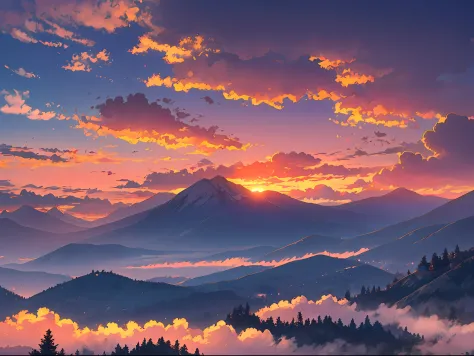 Sunset in the mountains with clouds and snow on the ground - SeaArt AI