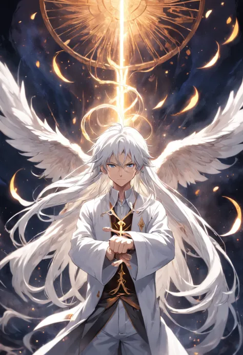 A magician，In a pure white space of your own creation，Long white hair，white  shirt，Strings of golden runes floated behind him。Holding a mahogany wand，Cast super magic