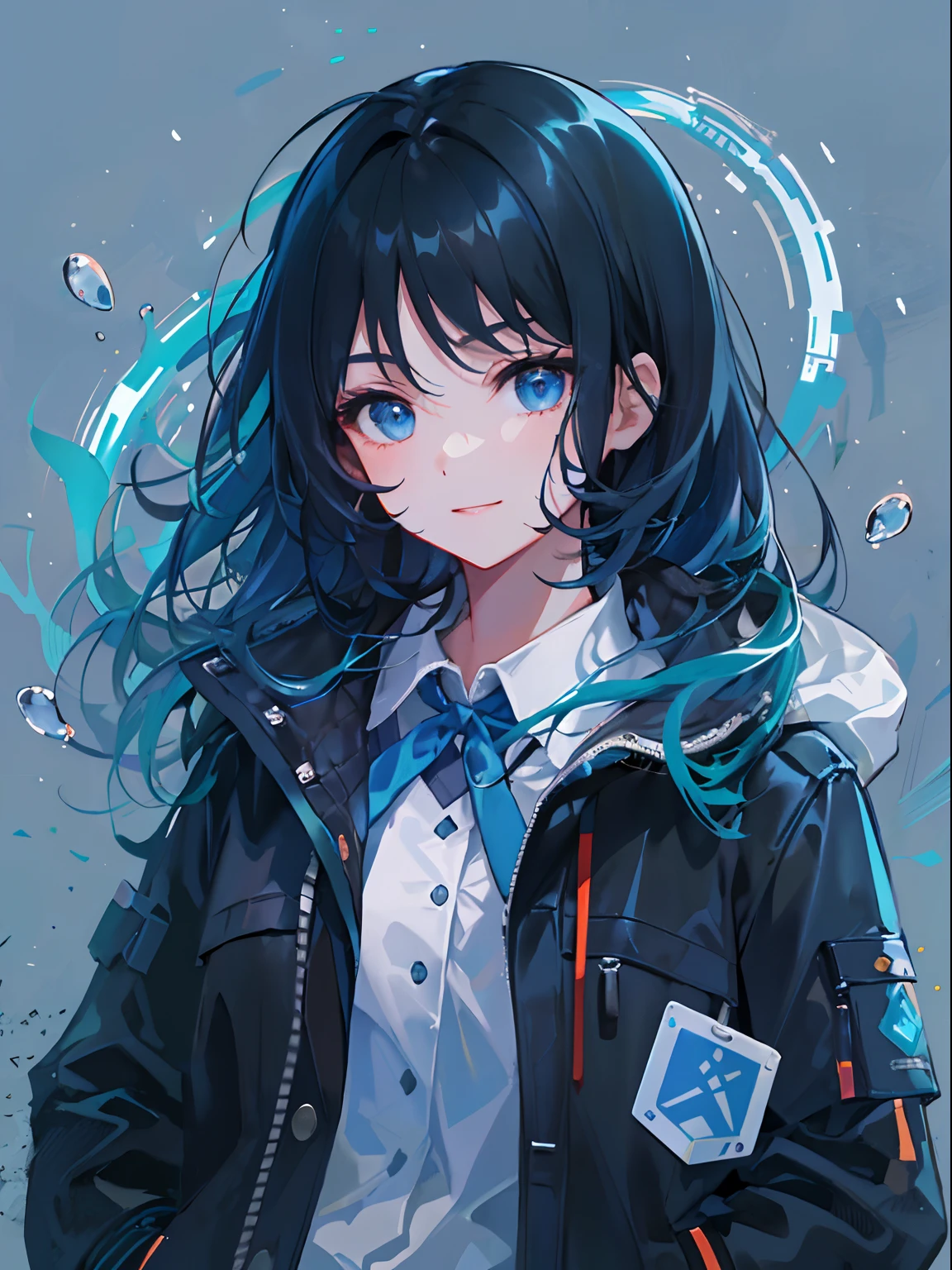 ((top-quality)), ((​masterpiece)), ((Ultra-detail)), (extremely delicate and beautiful), girl with, solo, cold attitude,((Black jacket)),She is very(relax)with  the(Settled down)Looks,A darK-haired, depth of fields,evil smile,Bubble, under the water, Air bubble,bright light blue eyes,Inner color with light blue hair and dark blue tips,Cold background,Bob Hair - Linear Art, shortpants、knee high socks、White uniform like 、Light blue ribbon ties、Clothes are sheer、Hands in pockets