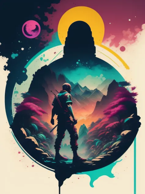 um mago jogando video game, Arte da camiseta 2D, Cyberpunk, epic illustration, vetor, 2d illustration, fundo preto, muito colori...