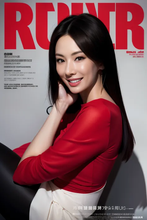 a woman in a red top and black pants posing for a magazine, magazine photo, ad image, with black hair, smile at viewer,