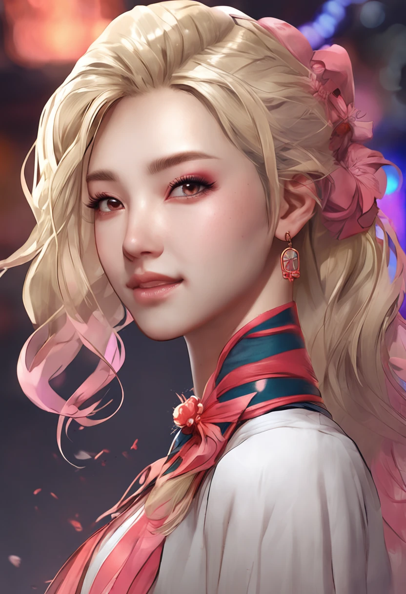 blonde hair, hair over shoulder, ribbon, color contact lenses, excited, ear blush, smile, high detail, modern, Verism, Expressionism, stereogram, chiaroscuro, character chart, atmospheric perspective, UHD, high details, textured skin, best quality, highres, 4K，Raised sexy，Japanese ancient style。