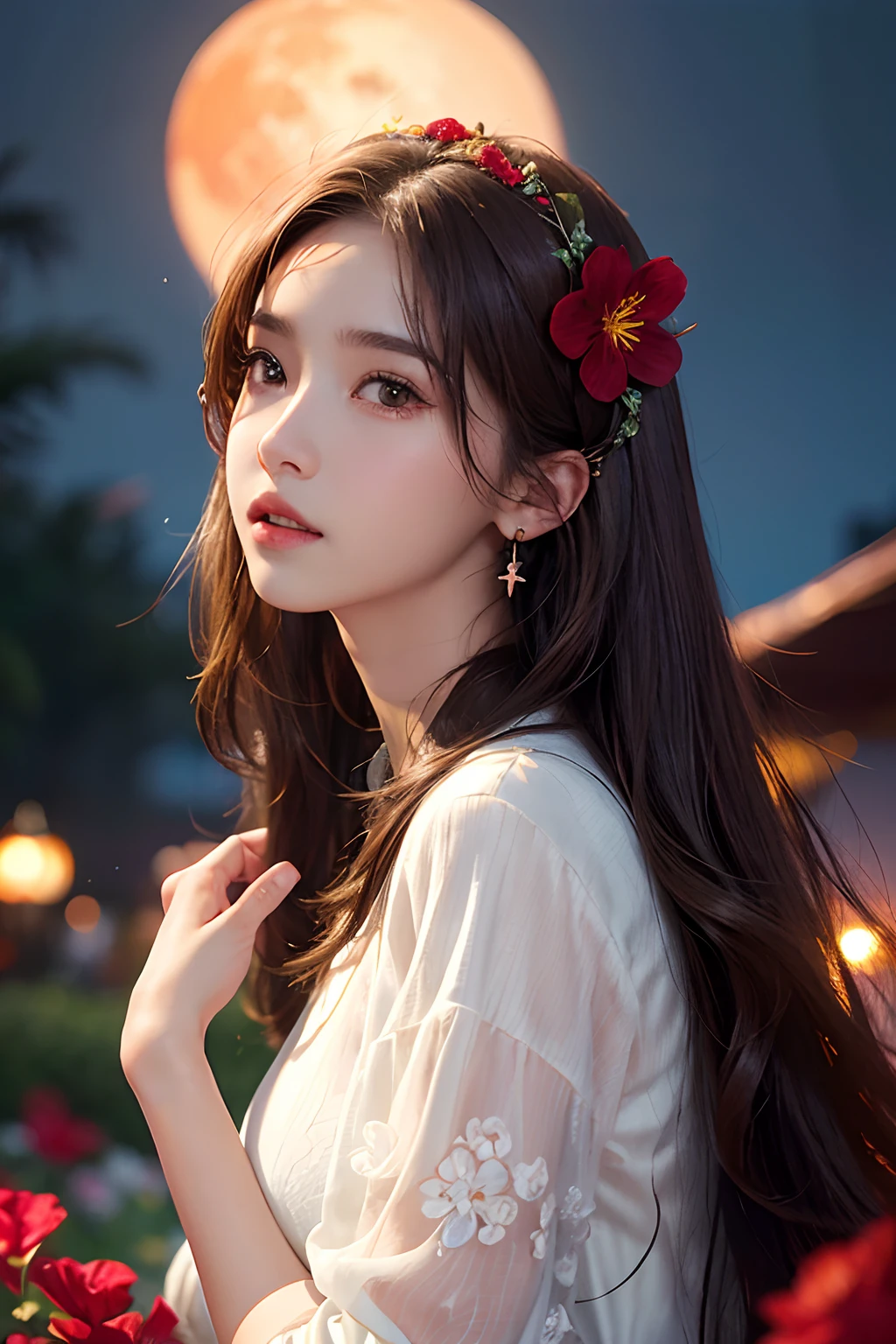 1girl, blurry, blurry_background, brown_eyes, brown_hair, depth_of_field, earrings, flower, full_moon, hair_flower, hair_ornament, lips, looking_at_viewer, moon, moonlight, night, night_sky, outdoors, red_flower, red_moon, sky, solo