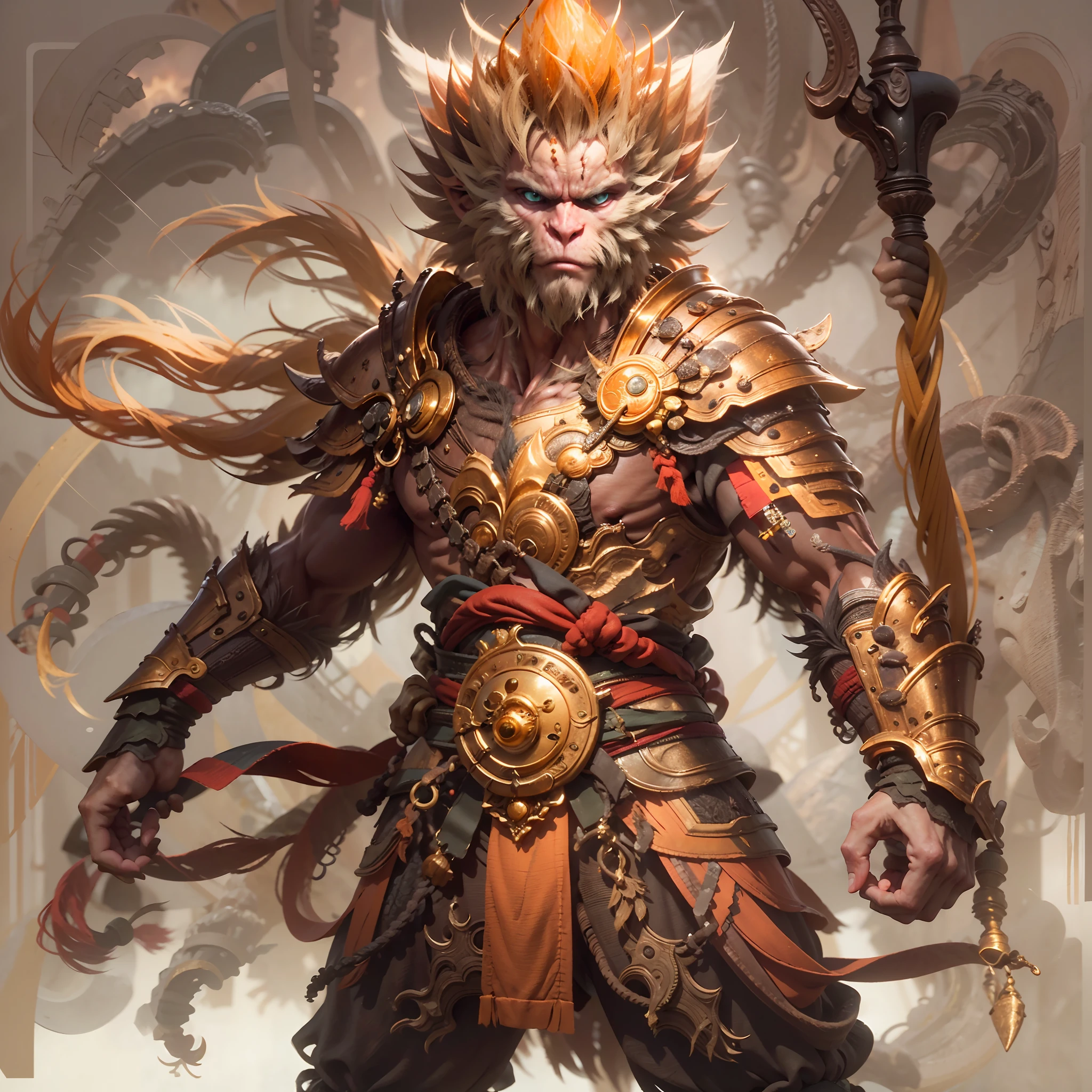 (partie maîtresse, meilleurs détails), créature mystique, Sun Wukong, Cheveux dorés, utiliser un cercle doré, porter une armure de vêtements traditionnels, tenant le bâton posé sur son épaule