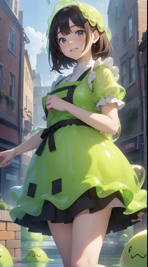 ( in 8K,16 K, awardwinning, Best Quality), high detal, Super Detail,  Anatomically correct, hight resolution, (mastserpiece: 1.3),(1girl in:1.3) ,(Girl in an apron carrying slime: 1.8), (Running with a flustered expression: 1.3),(Tetris: 1.3), (Colorful ha...