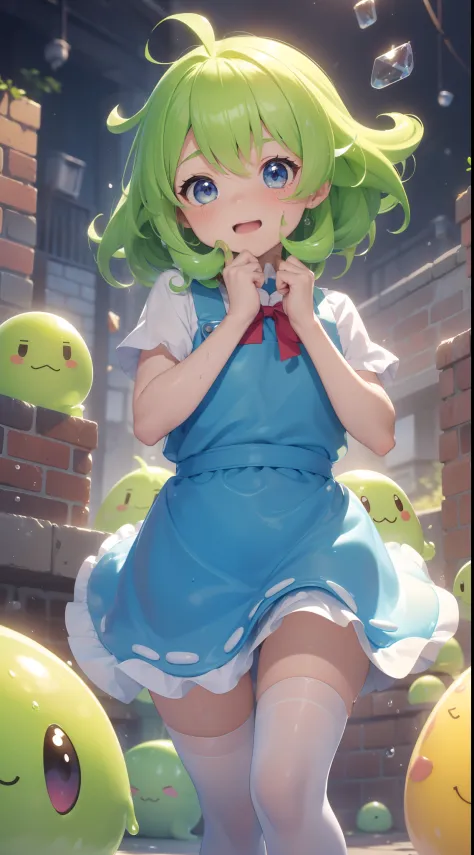 ( in 8K,16 K, awardwinning, Best Quality), high detal, Super Detail,  Anatomically correct, hight resolution, (mastserpiece: 1.3),(1girl in:1.3) ,(Girl in an apron carrying slime: 1.8), (Running with a flustered expression: 1.3),(Puyo Puyo or Tetris: 1.3),...