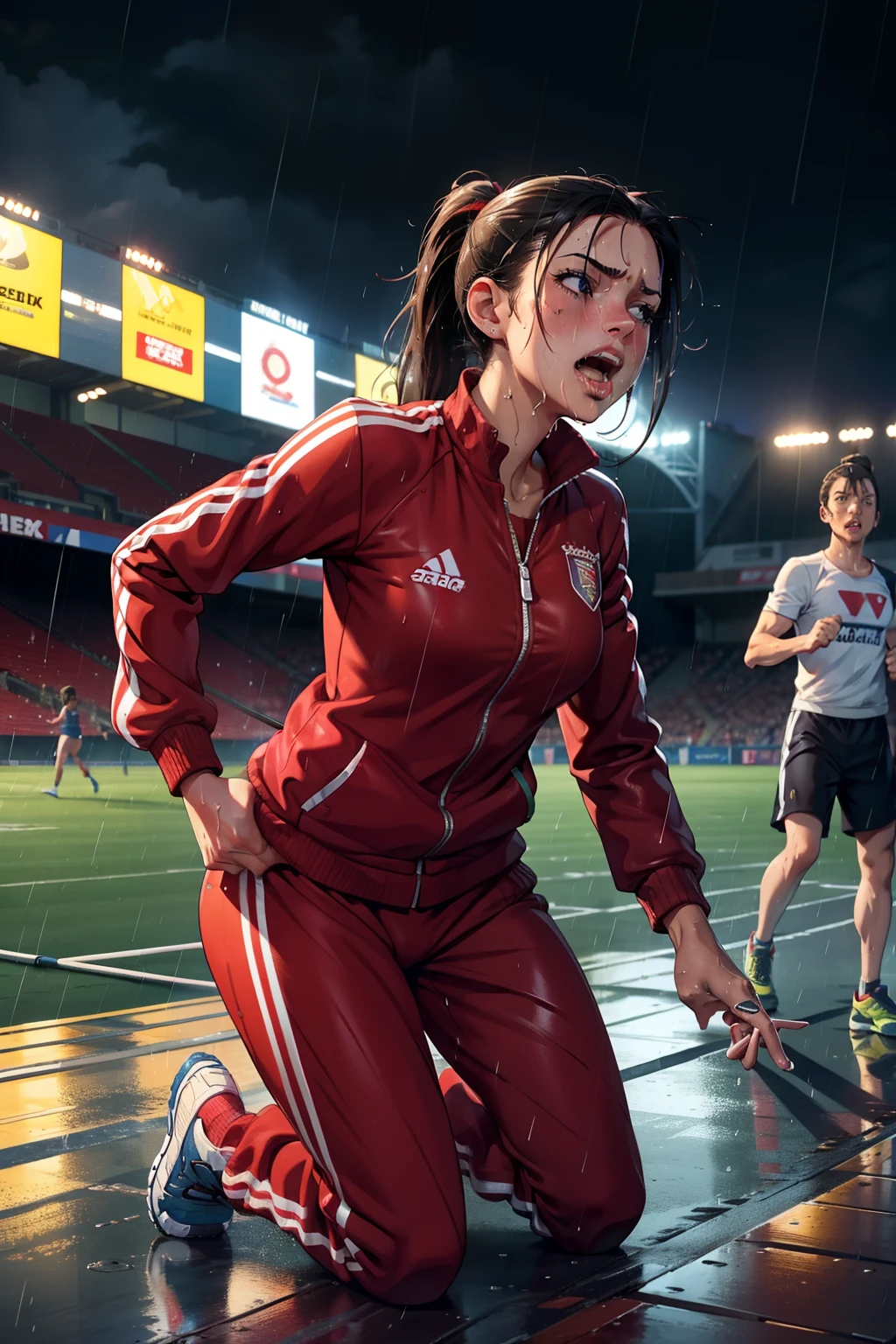 Arafed woman in red tracksuit crouches on a wet soccer field  