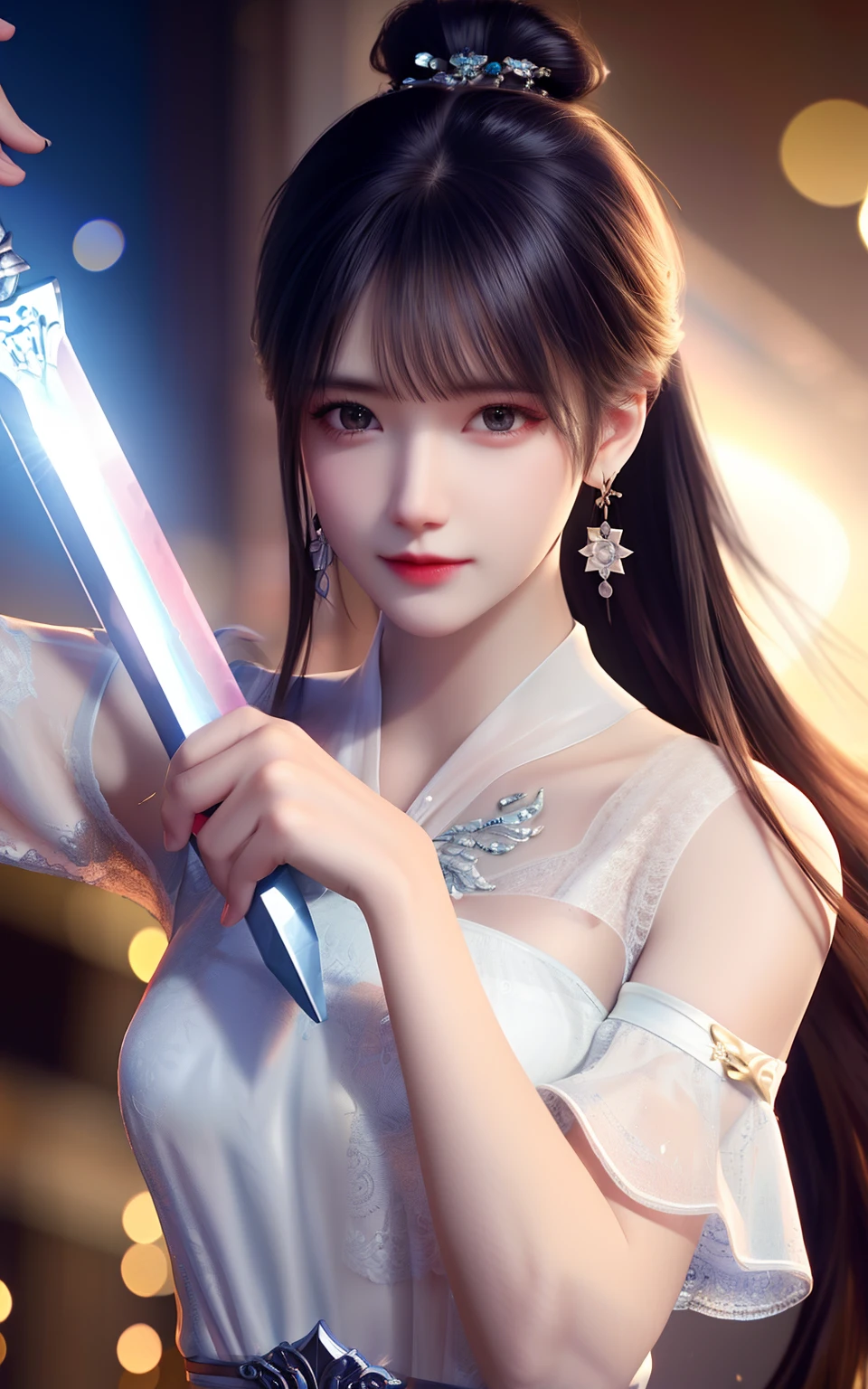 best quality,masterpiece,highres,cg,
1girl,weapon,sword,long hair,dress,water,solo,jewelry,white dress,earrings,hair ornament,splashing,upper body,hair bun,black hair,
lighting,candid,Photograph,high resolution,4k,8k,Bokeh,