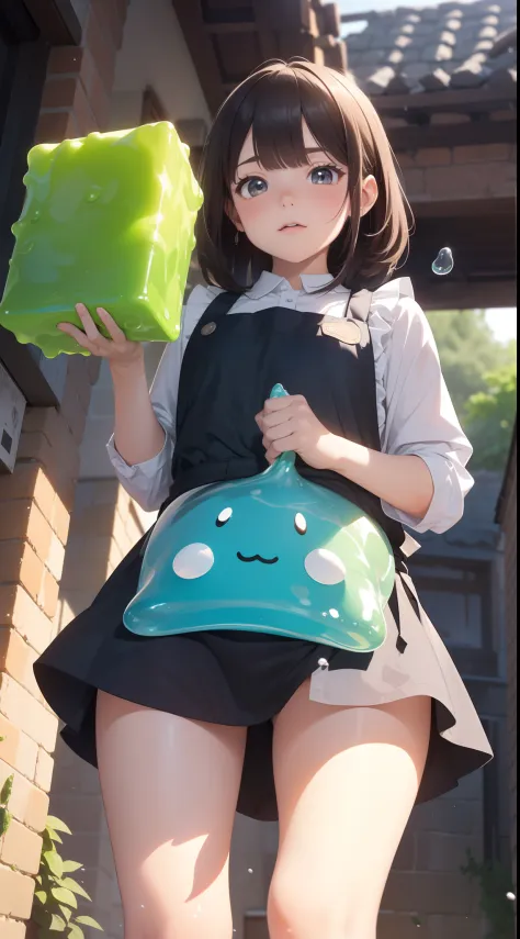 ( in 8K,16 K, awardwinning, Best Quality), high detal, Super Detail,  Anatomically correct, hight resolution, (mastserpiece: 1.3),(1girl in:1.3) ,(Girl in an apron carrying slime: 1.8), (Running with a flustered expression: 1.3),(Games similar to Tetris: 1...