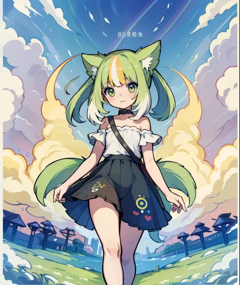 1girl in,A pokémon_The card,(top-quality), (high_quality), (Convoluted_Details), (ultra-detailliert), (illustratio), (Distinct_image),saito_naoki,city scenery、Rainbow View、With cats（（Cute cat１.５））、（（rainbow-colored hair））