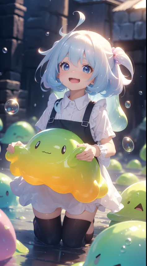 ( in 8K, 16 K, Best Quality), high detal, Super Detail, hight resolution, (mastserpiece: 1.3), (1girl in:1.3), (Girl in an apron carrying slime: 1.8), (Running with a flustered expression: 1.3), (Puyo Puyo or Tetris: 1.3), (Colorful hard slime falling from...
