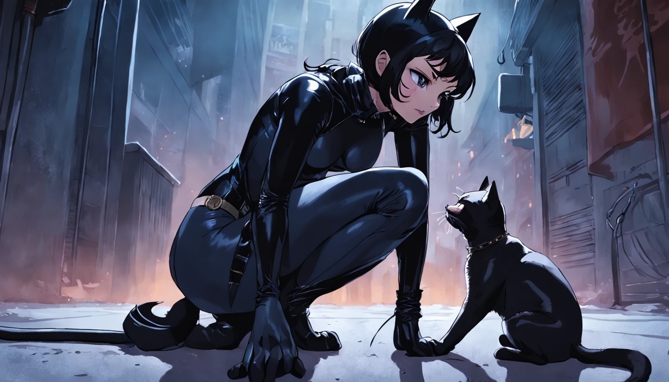 Batman catwoman and her cat friend in a city - SeaArt AI