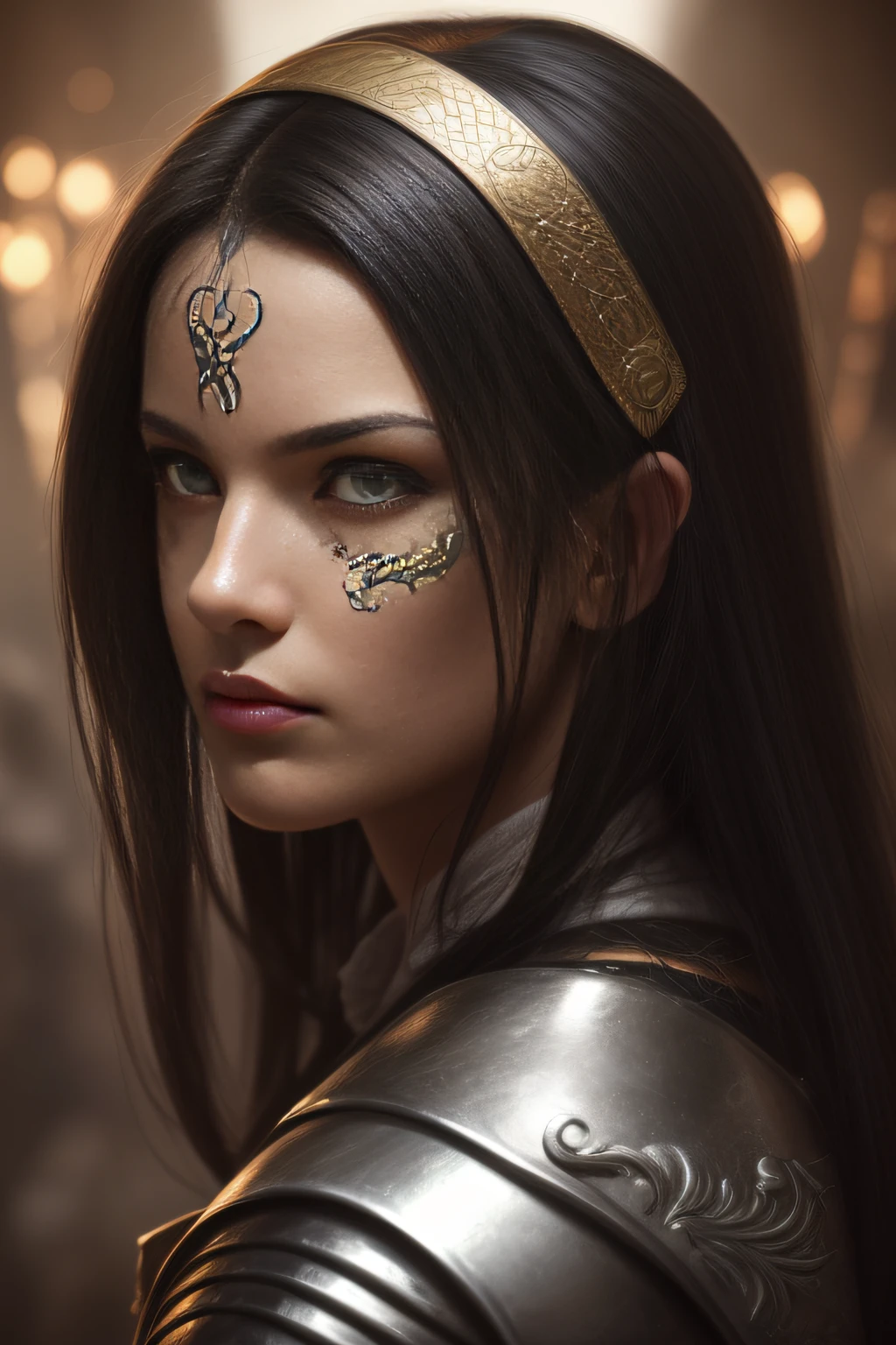 forehead mark, bandage over one eye, eyeball, tsurime, crazy, heavy breathing, hair over shoulder, black hair, Hyperrealism, masterpiece, award winning, 4K,Military general,Longsword,battle field,s Armor,a beautiful detailed girl, extremely detailed eye and face, beatiful detailed eyes,The dragon,battleing,evening,Fighting with two