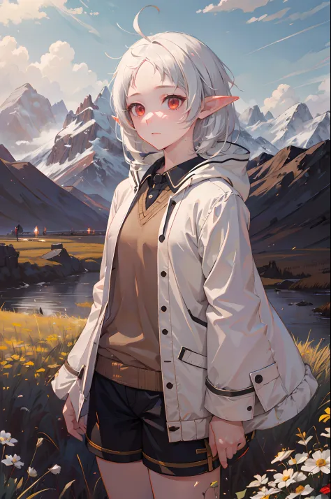 upper body, 1girl, sylphiette, ahoge, elf, forehead, red eyes, pointy ears, short hair, white hair, jacket, shirt shorts, white jacket, standing, outdoor, village, mountain, masterpiece, best quality, high detailed illustration, high detailed background, h...
