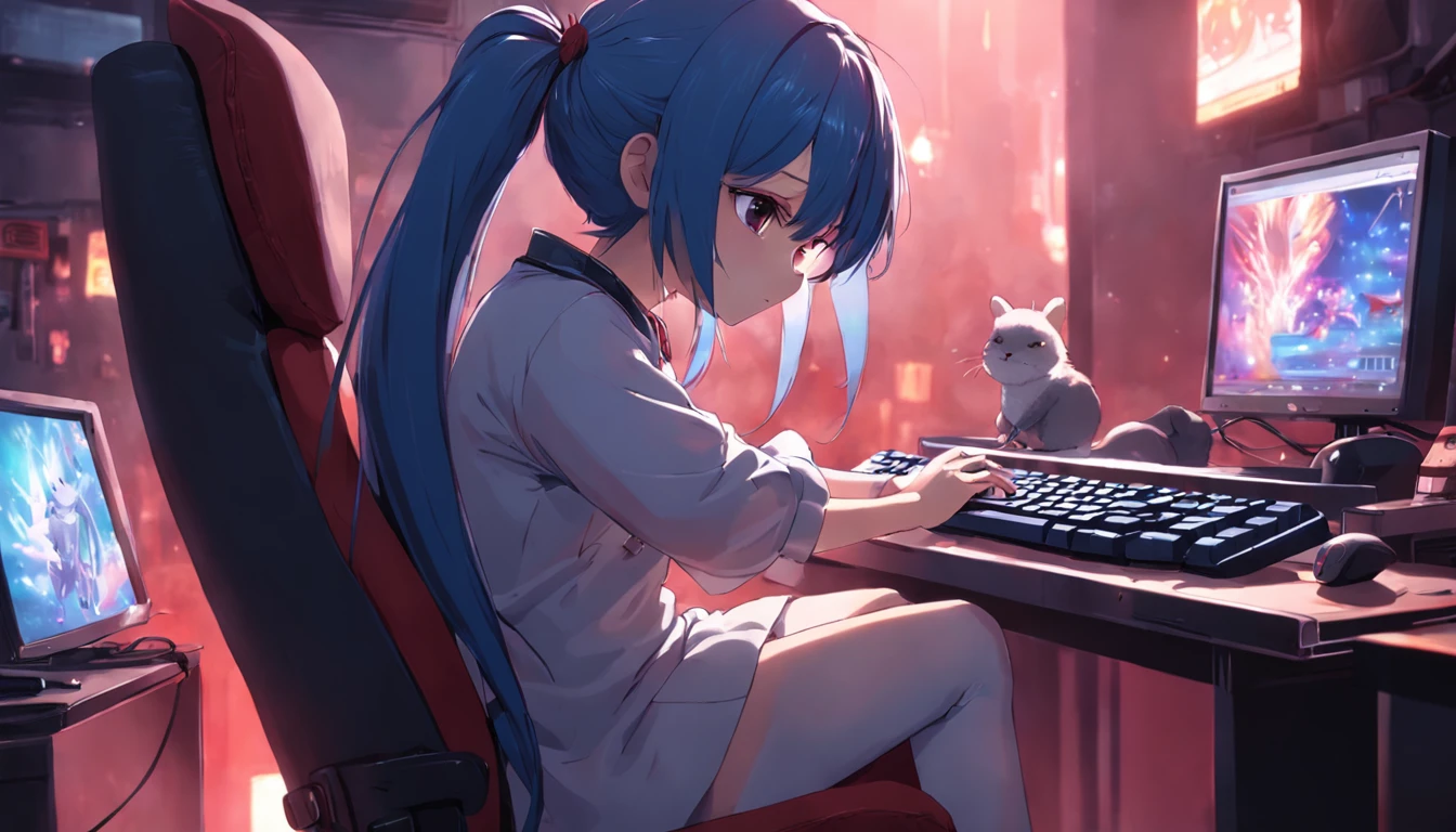 Anime girl sitting at a desk with a computer and a cat - SeaArt AI