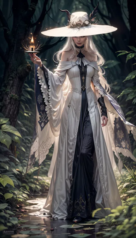 dimly lit, soul card, line, full shot (front view), classic white witch walking through the deep forest, wide hat, (dark night:1...