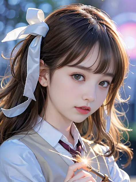 top-quality、​masterpiece、超A high resolution、(Photorealsitic:1.4)、Raw photo、Detailed CG image quality、cyberpunked、Beautiful fece、(1 Magical Girl)、sixteen years old, (Twin-tailed black hair:1.4), (White ribbon stopping hair), (Platinum Silver Accessories:1.4...