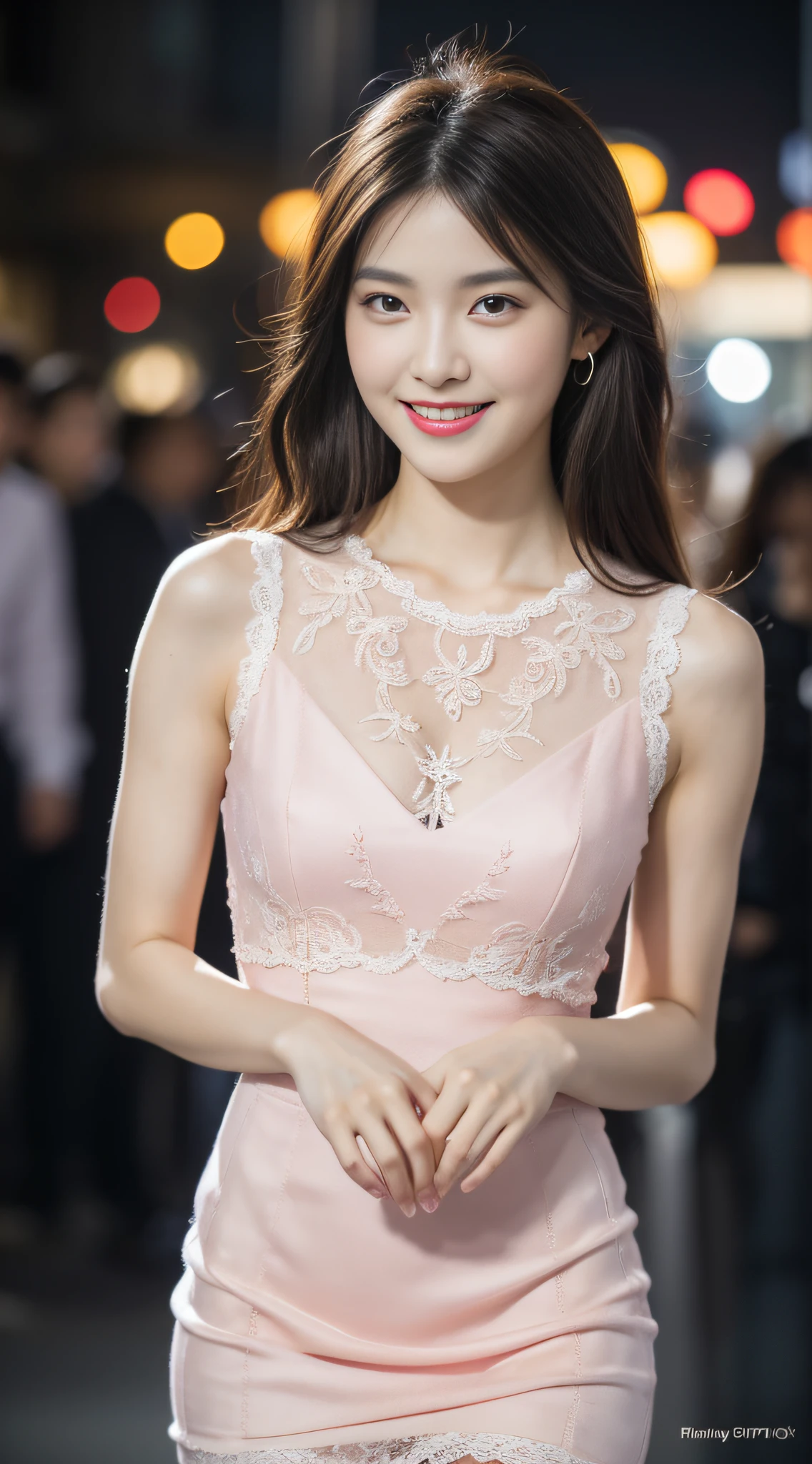 8K, masutepiece, Raw photo, Best Quality, Photorealistic, Highly detailed CG Unity 8K wallpaper, depth of fields, Cinematic Light, Lens Flare, Ray tracing, (Extremely beautiful face, Beautiful lips, Beautiful eyes), intricate detail face, ((Ultra detailed skin)) 1girl in, In the Dark, deepshadow, Pretty Korean girl, Kpop Idol, 1 girl, (Very slim and slender fit muscular body:1.3), ((Looking at Viewer)),(Big smile:1.3),  (Fashion City Night, a dark night, (Neon sign), (Blurred background), Fashion Street Night),(No people in the background:1.3), Beautiful earrings, Bracelets, Necklace, pantyhose, Clear eyes, Walking, (pale skin), (Big eyes), Face forward, ((upperbody shot)), ((Silk Hot Pink Color Dress:1.3)),(Brown hairs),((tight fit lace dress)), (see through), (Looking at Viewer:1.3) opened breast, Very slim,  medium breasts, see through,(opened breast), (laced dress)