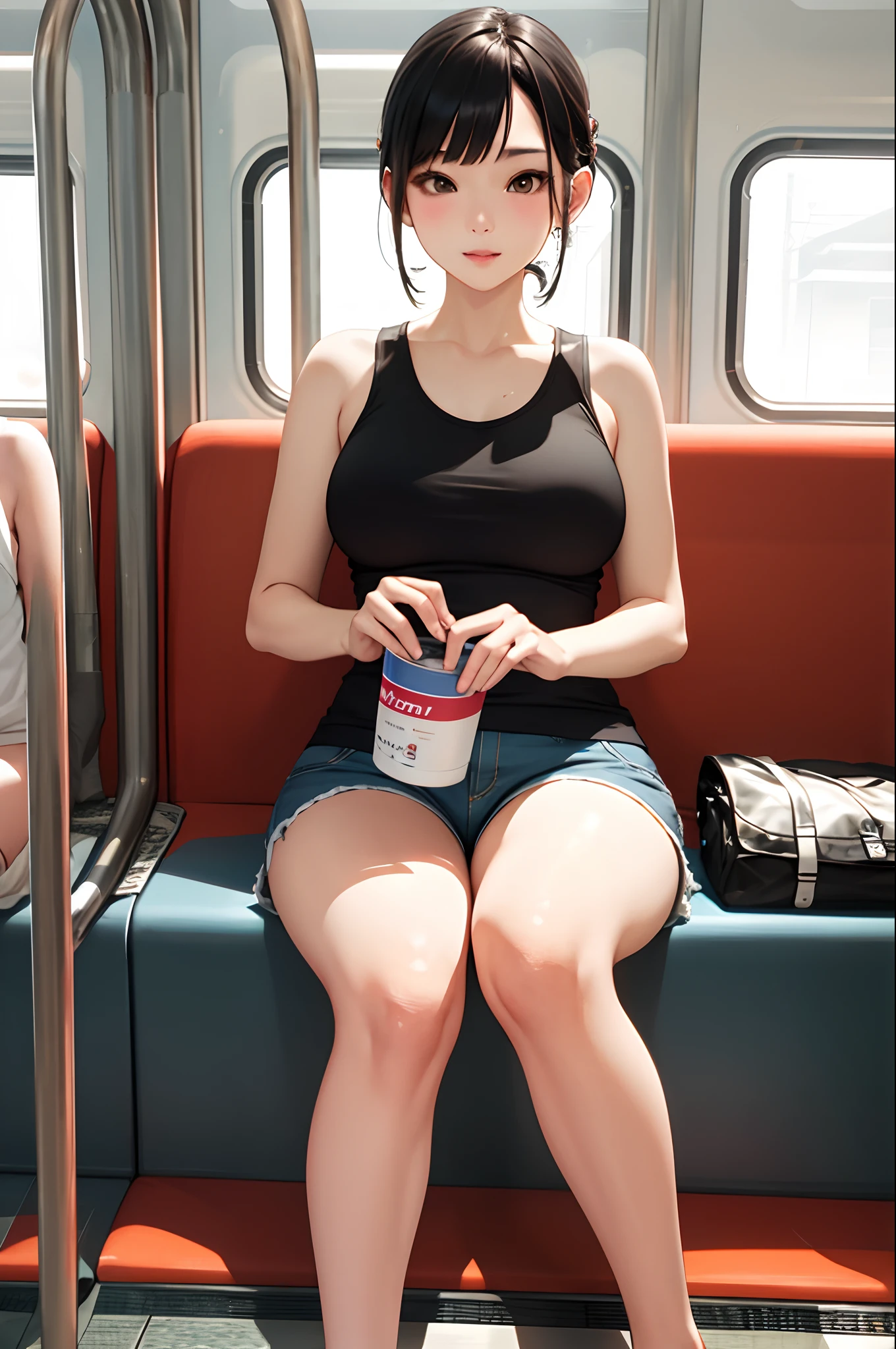 Araffe sitting on a train seat with a cup of coffee - SeaArt AI