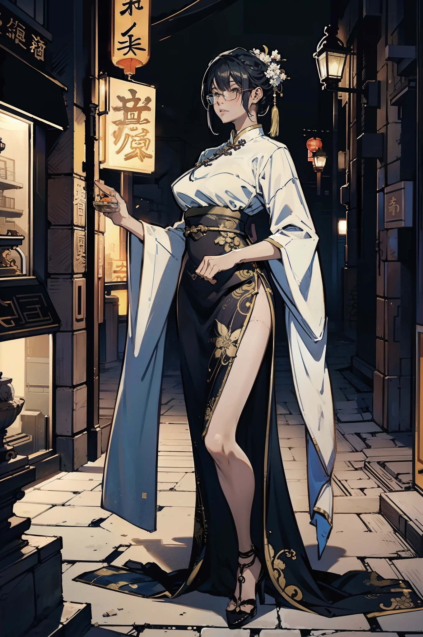 Doctor close-up, Has a glowing five-star rating, Their names, Photo, and the city in the background.，Large bust，rimless eyewears，Slim figure，Cute girl，Full body like，Hanfu，komono，Ancient Chinese streets，Dirty dark streets，