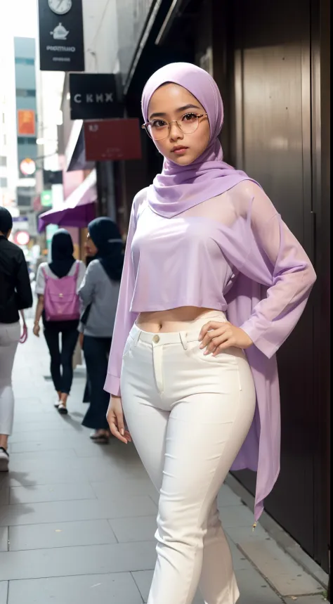 Cute Young malay girl in pastel lilac hijab and white over sized shirt with high waists tight pants walking in crowded city street, girl wear glasses, catwalk, bright lighting, professional photography, portrait photography, ultra realistic, city backgroun...