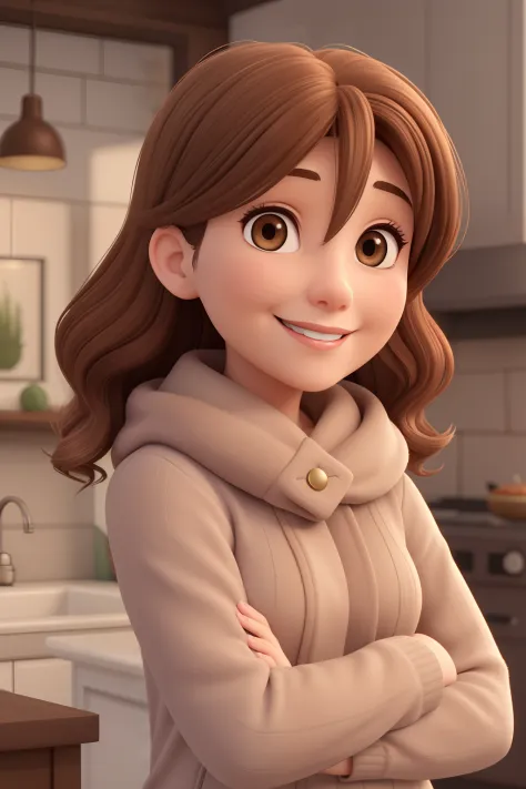 A woman in her 30's, a mother, with light brown hair, charming smile, hazel eyes, wearing cold wear. 3d cartoon