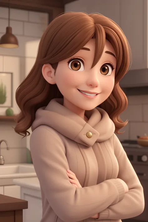 a woman in her 30's, a mother, with light brown hair, charming smile, hazel eyes, wearing cold wear. 3d cartoon