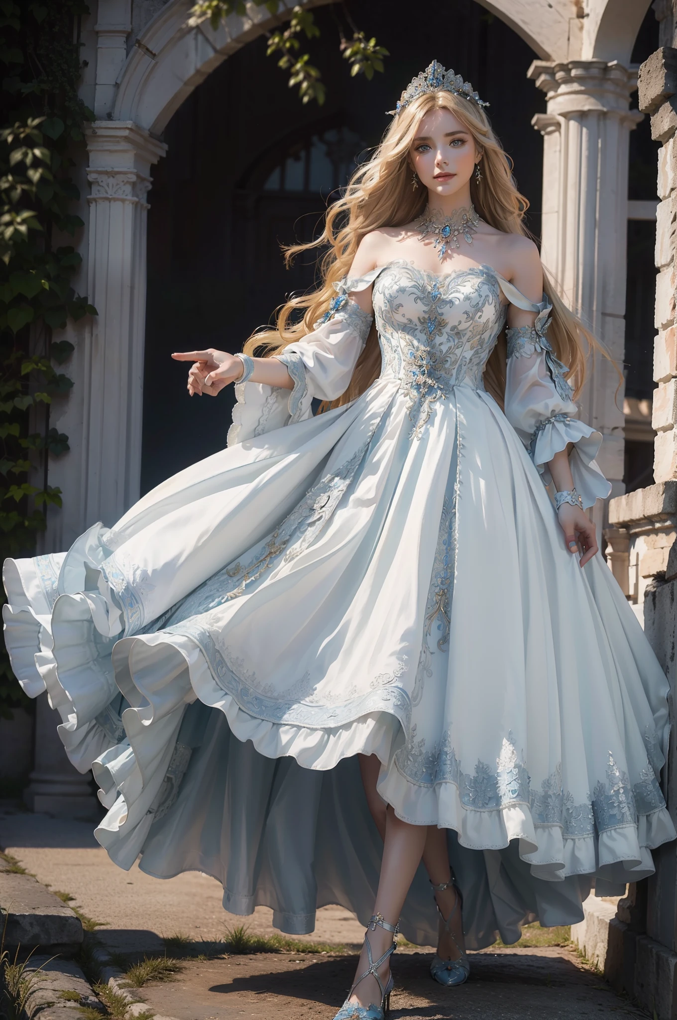 ((頂級品質、傑作、攝影寫實:1.4、8K))、美麗的女人、18歲的、美麗的表情、一個金髮女郎、極度細緻的眼睛和臉部、美麗細緻的眼睛、正式手套、（白色背景藍色刺繡的豪華連身裙、中世紀歐洲風格的頭飾)、奢華配件、（漫步歐洲古代遺址。背景為歐式城堡）、玻璃鞋、電影燈光、有紋理的皮膚、超細節、高細節、高品質、高解析度、看著觀眾、優雅的微笑、全身、歐洲的、很多植物、常春藤