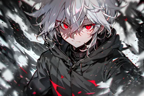 hight resolution,Anime boy with white hair and red eyes stares at camera, Glowing red eyes,slim, dressed in a black outfit,Shado...