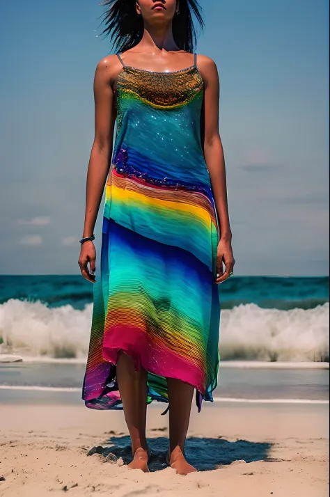 a photo of (Ocean Spectrum:1), a woman standing in the beach