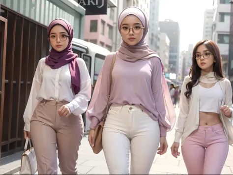 3 Cute Young malay girl in pastel lilac hijab and white over sized shirt with high waists tight pants walking in crowded city street, girl wear glasses, catwalk, bright lighting, professional photography, portrait photography, ultra realistic, city backgro...