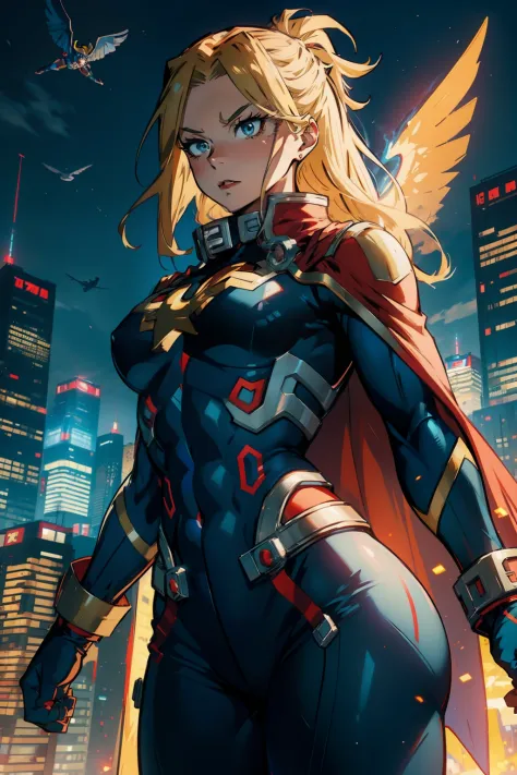 female all might, muscular, abs, (full body suit), superhero, city scape, ((flying in sky)) , ((my hero academia style)), (red c...