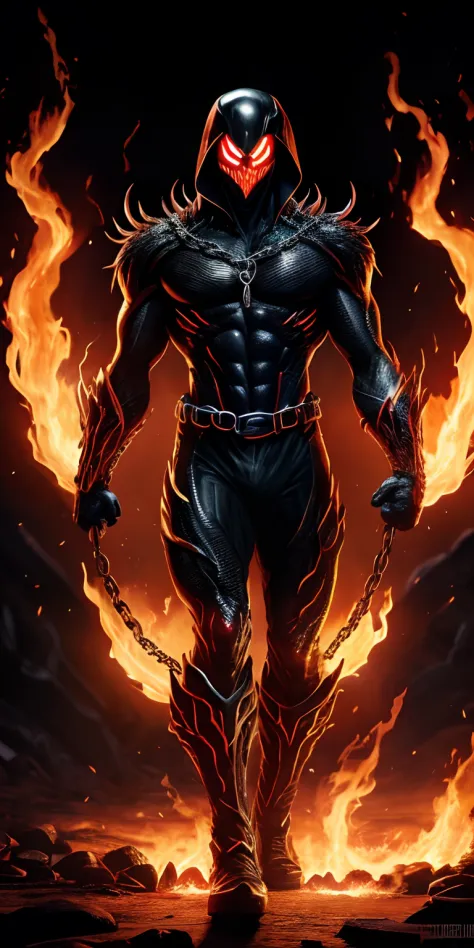Ultra resolution 8K, frightening illustration, Powerful fusion of Venom and Ghost Rider is a dark being with skin blackened by the symbiote, with a flaming skull crowned by the symbiote instead of a head, (chain of fire in its hands: 1.7).  Fiery chains sn...