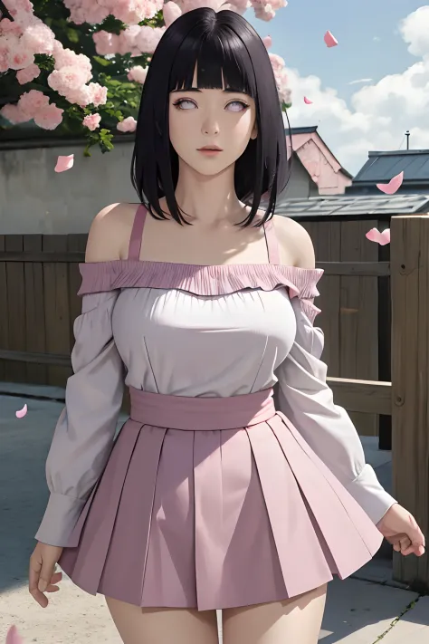 masterpiece, absurdres, hinata\(boruto\), 1girl, solo,mature female, off-shoulder ,bra straps visible, high waist short skirt, looking at viewer, (falling petals), perfect composition, detailed lips, big breast, beautiful face, body propotion, blush, (pink...