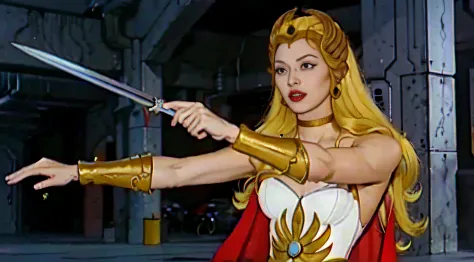 8k, high quality, unreal engine, ultra hd, hyper realistic, hyper detailed, raw photo of a 1girl, (solo:1.3),
1girl, solo, She-ra, long hair, blonde hair, blue eyes, tiara, white dress, choker, red cape, makeup, lipstick, 
breasts, medium breasts, bracer, ...