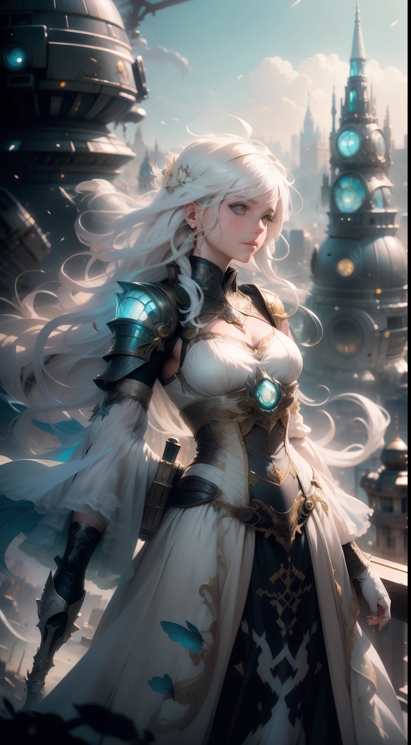 Beautiful impressionist painting Final Fantasy White-Haired Princess overlooking the city, fantasy, Bright, Dramatic, Beautiful lighting, Jeremy Mann's fusion with Jean-Baptiste Monge and Dalek Zabroki, Aaron Griffin, Lots of details, High quality, Detailed, Refined, Beautiful, absurderes, Masterpiece