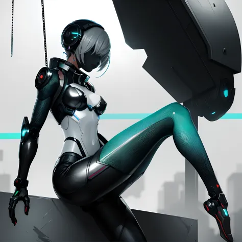 there is a woman in a futuristic suit sitting on a ledge, cyberpunk anime girl mech, digital cyberpunk anime art, cute cyborg gi...
