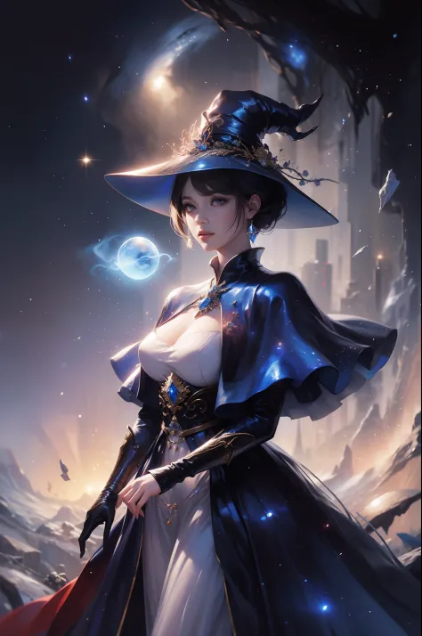 sorceress woman，Conservative attire，(With a huge hat)，Crane in blue，Wearing blue and red and white princess dresses，Close-up of upper body，Close-up photos，jewelery，Visions of heaven and earth，Magic crystal ball，The background is the Milky Way，solar system